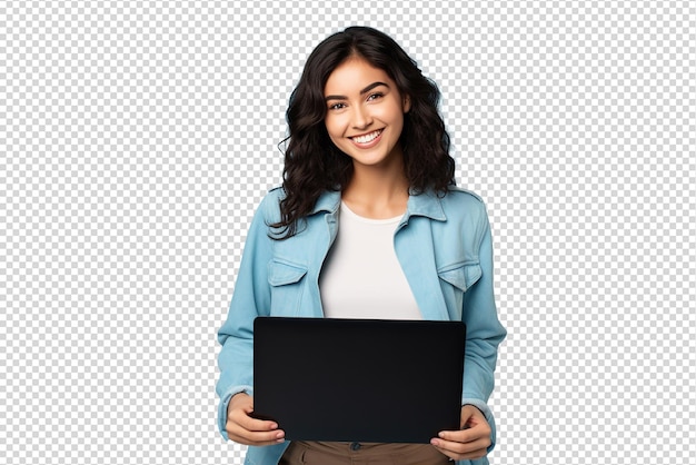 Ritratto di una ragazza attraente e allegra che tiene il portatile isolato su uno sfondo trasparente