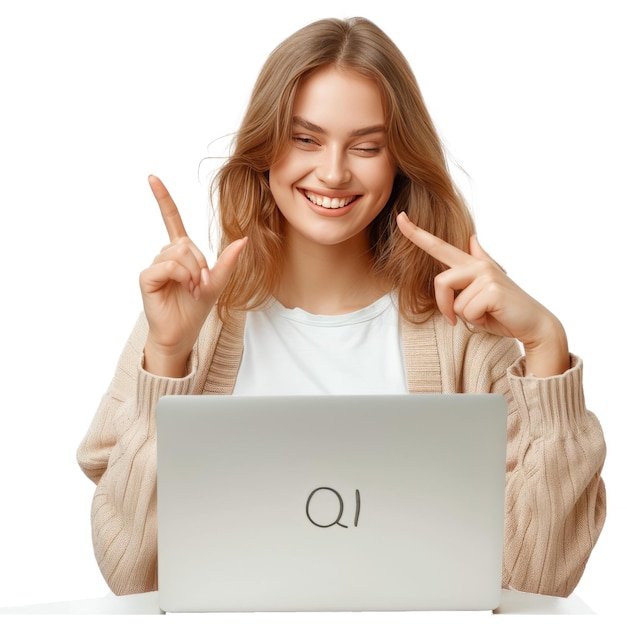 PSD portrait of attractive cheerful skilled girl using laptop