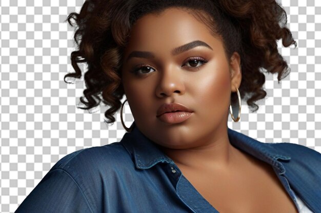 PSD portrait of an attractive and voluptuous young woman posing in background in studio