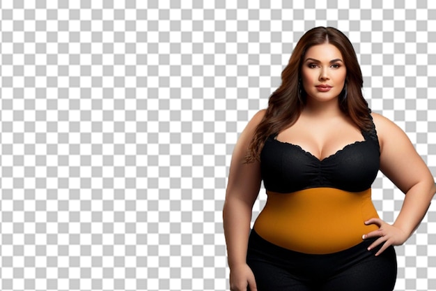 PSD portrait of an attractive and voluptuous young woman posing in background in studio