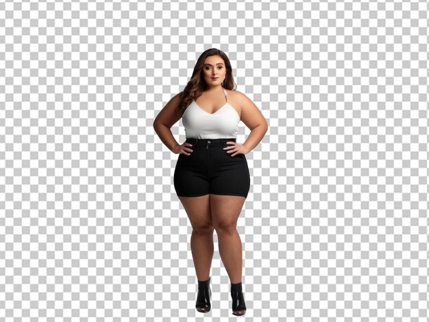 PSD portrait of an attractive and voluptuous young woman posing in background in studio