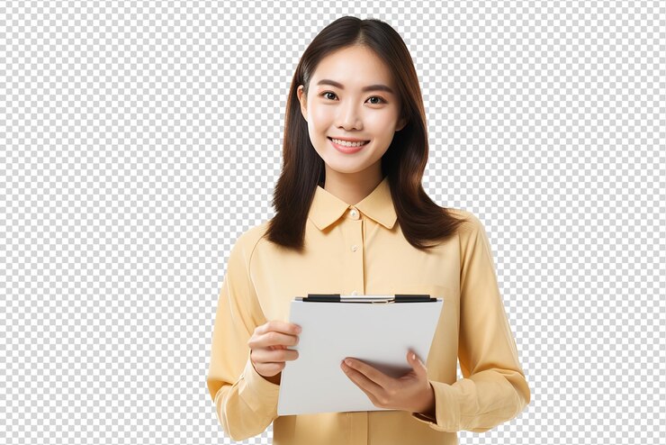 PSD 투명 한 배경 에 고립 된 클립보드 를 가진 아름다운 아시아 사업가 의 초상화
