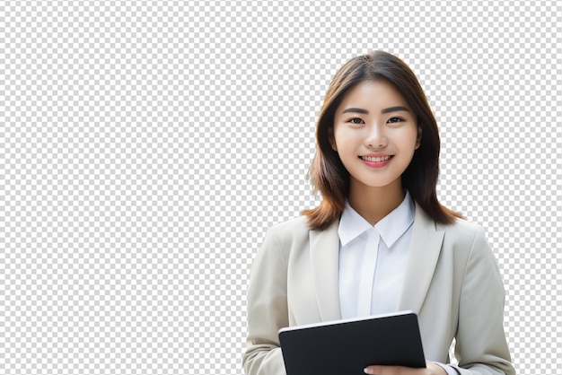 PSD portrait of beautiful asian businesswoman with tab isolated on a transparent background