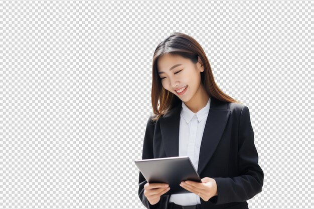 PSD portrait of beautiful asian businesswoman with tab isolated on a transparent background