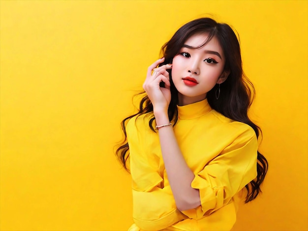 PSD portrait of beautiful asian girl posing on yellow background