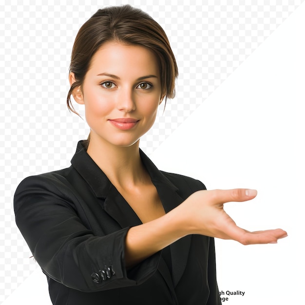 Portrait of a beautiful business woman holding out her hand presenting something isolated on white isolated background