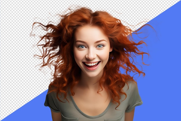 PSD portrait of beautiful cheerful redhead girl with curly hair flying smiling