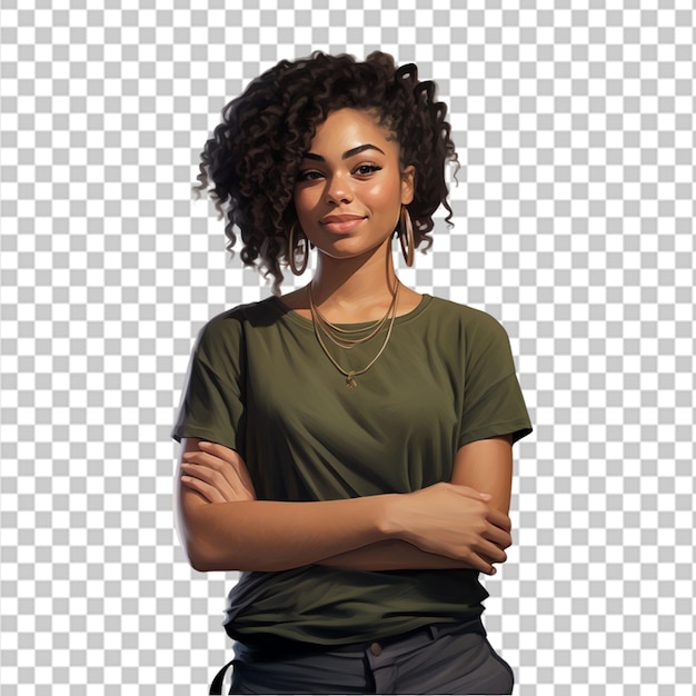 Portrait of beautiful happy black woman standing with arms crossed isolated on transparent background
