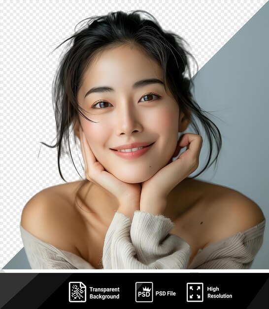 PSD 초상화 아름다운 여성 행복한 회전 스튜디오에서 미소 아시아 소녀 화장품 및 피부 관리 개념