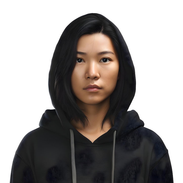 PSD 색 배경에 고립 된 검은 후디를 입은 아름다운 젊은 아시아 여성의 초상화