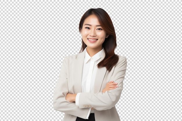透明な背景に孤立して微笑む美しい若いアジア人女性の肖像画