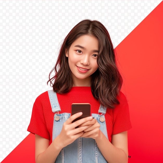 PSD 아름다운 젊은 아시아 여성의 초상화 스마트 드폰을 사용 색상 고립 고립 배경