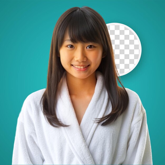 PSD portrait beautiful young asian woman wearing bathrobe with smile on beige