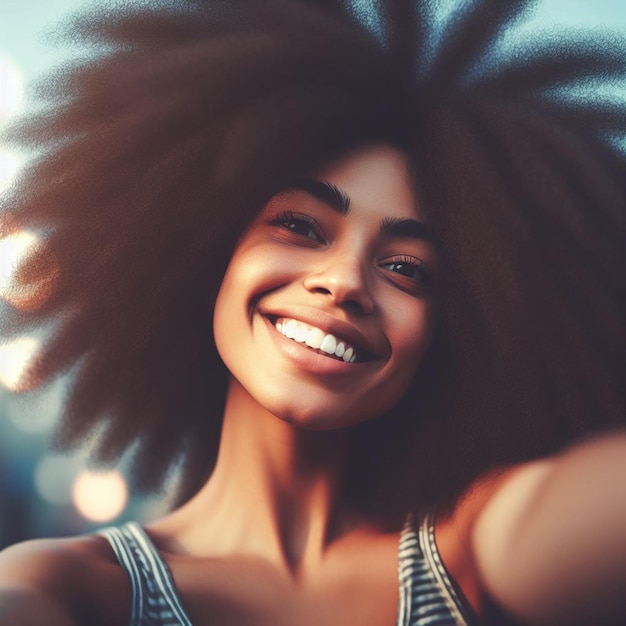 Ritratto di una bellissima giovane donna nera che sorride con una faccia da riso con denti afro alla moda.