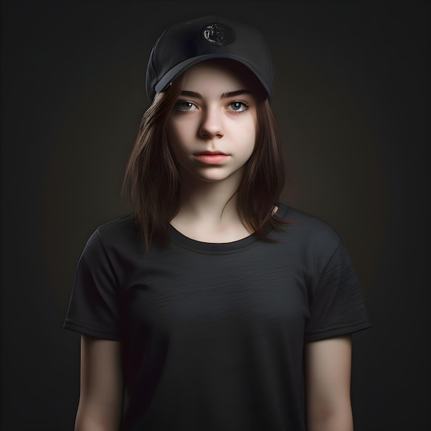 PSD portrait of a beautiful young girl in a baseball cap on a dark background