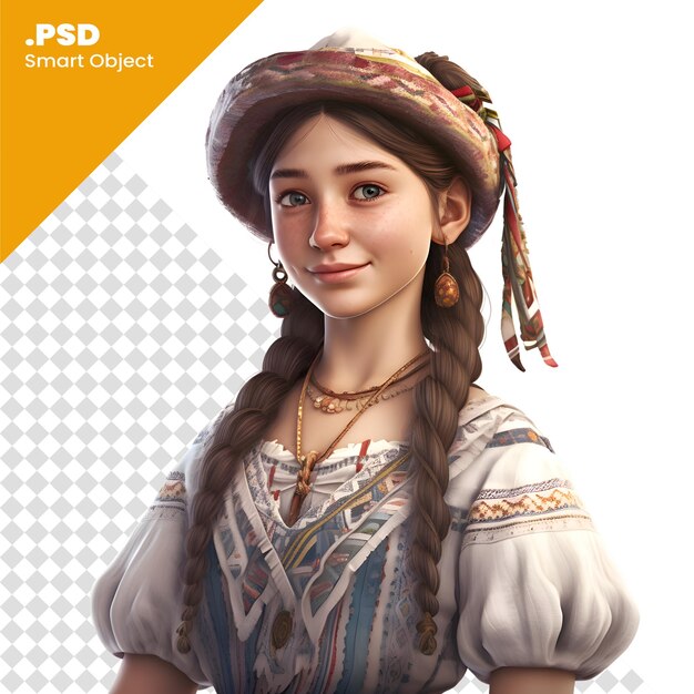 PSD portrait of a beautiful young girl with braids in ukrainian national clothes psd template