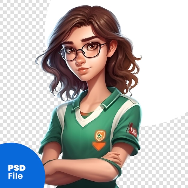 PSD portrait of a beautiful young girl with glasses. isolated on white background. psd template