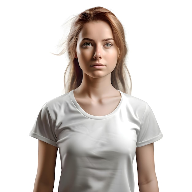 PSD portrait of a beautiful young woman in a white t shirt on a white background