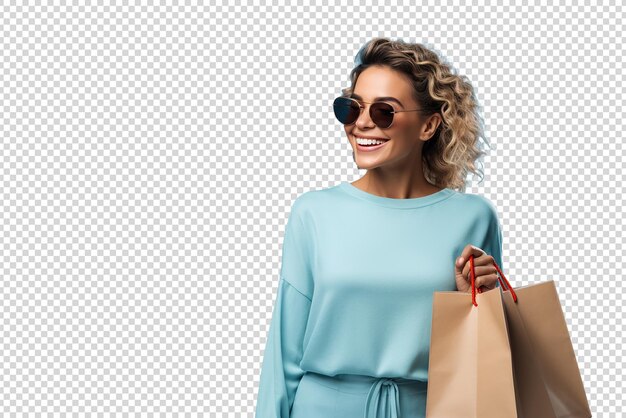 PSD portrait of a beautiful young woman with shopping bags isolated on a transparent background