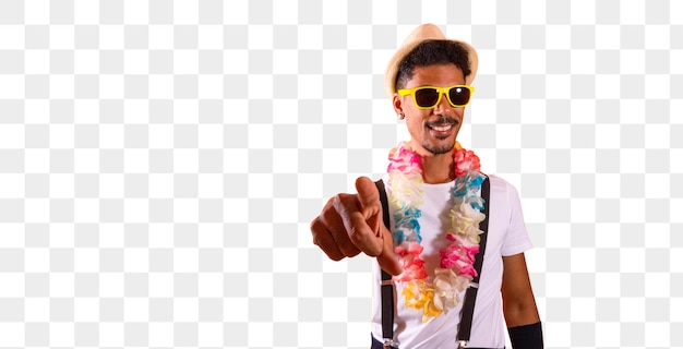 PSD portrait of black man with carnival props isolated on orange background