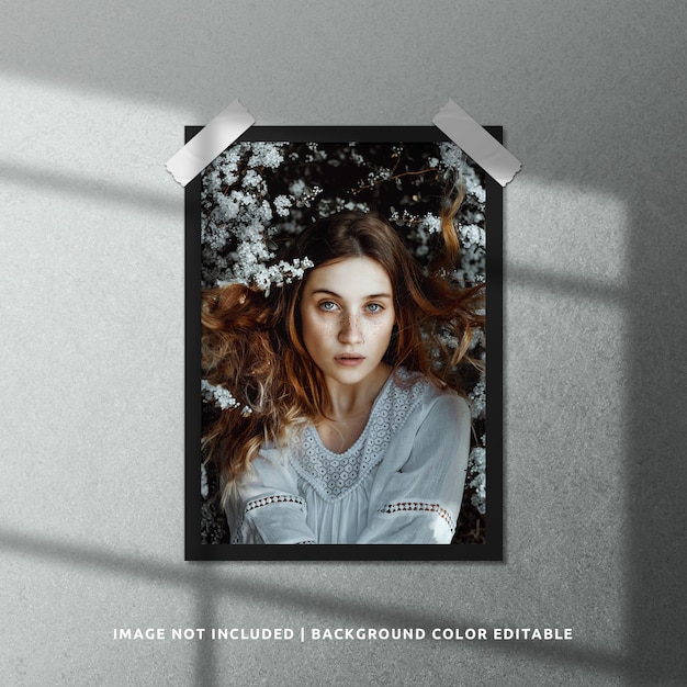 PSD portrait black paper photo frame mockup with shadow overlay
