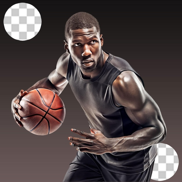 PSD ritratto di un giocatore di basket maschio professionista nero con una palla in mano su uno sfondo trasparente