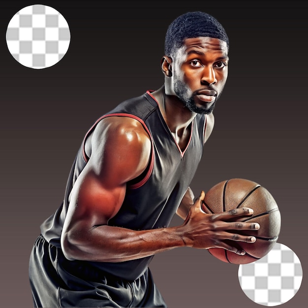 PSD portrait of a black professional male basketball player with a ball in hands on transparent background