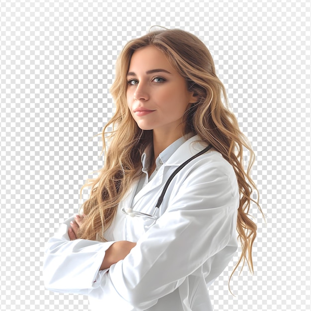 Portrait of blonde american female doctor isolated on transparent background generative ai