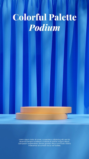 In portrait bright blue curtain and floor 3d render blank space persian yellow cylinder podium