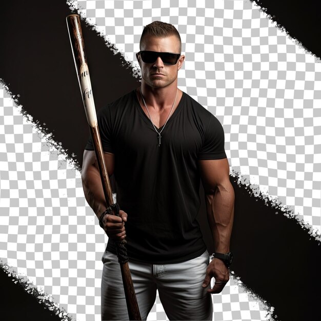 PSD portrait of a brutal man bodybuilder in sunglasses with a baseball bat on a transparent background