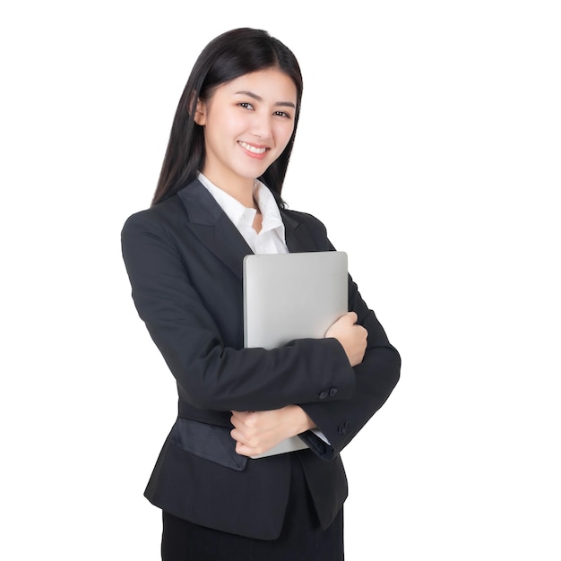 PSD portrait of a business woman beautiful asian girl holding laptop computer isolated on white background lifestyle business people concept