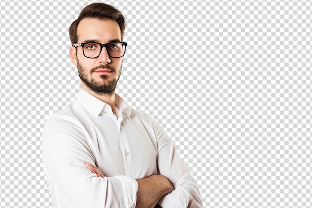 白い孤立した背景に横断されたビジネスマンの腕の肖像画