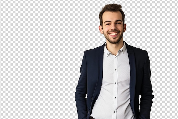 portrait of businessman hands in pocket on white isolated background