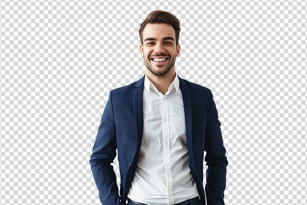 portrait of businessman hands in pocket on white isolated background