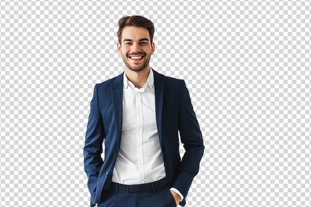 PSD portrait of businessman hands in pocket on white isolated background