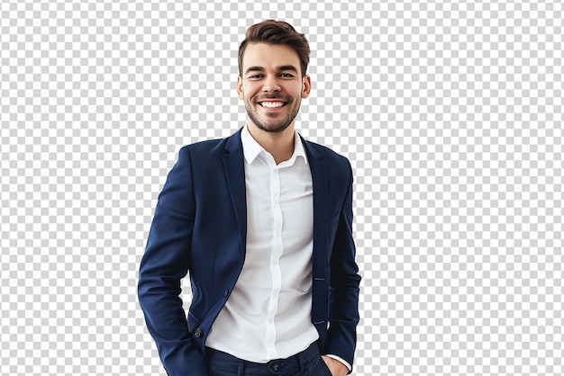 portrait of businessman hands in pocket on white isolated background