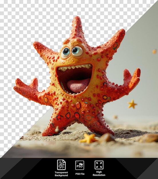 Portrait cartoon patrick star shaped starfish with an open mouth and blue eye