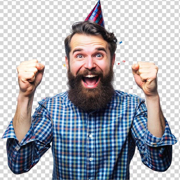 PSD portrait of celebrating bearded man isolated on transparent background