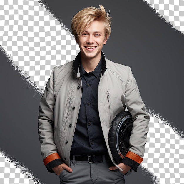 PSD portrait of a cheerful blond man wearing a gray jacket isolated on a transparent background holding a steering wheel