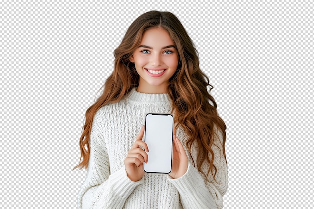 PSD portrait of cheerful handsome young girl sitting with laptop and phone in hand with arms outstretche