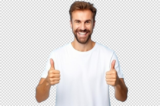 PSD portrait of a cheerful man smiling and showing thumb up isolated on transparent background