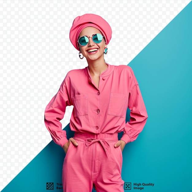 PSD portrait of cheerful pretty lovely lady wear trendy pink outfit recommend modern technology shop isolated on cyan color isolated background