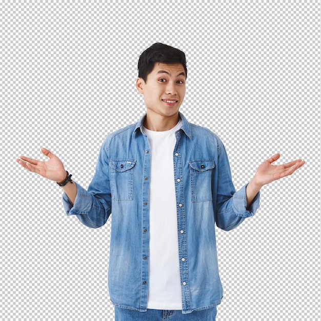 portrait of clueless handsome asian young man cant answer have no idea shrugging and spread hands sideways unaware acting puzzled as avoiding answering question white background