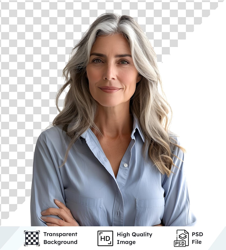 PSD portrait of a confident woman with gray hair and a blue shirt isolated on white background
