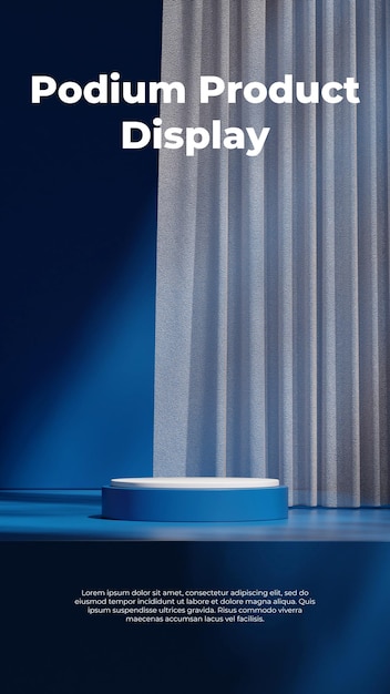 in portrait curtain backdrop 3d render image empty scene blue color curved cylinder podium