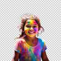 PSD portrait of cute little girl being showered by colored powders during holi