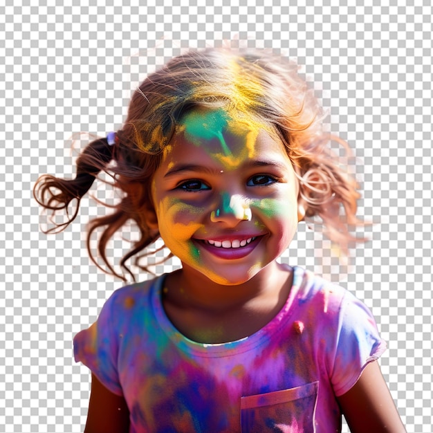 PSD portrait of cute little girl being showered by colored powders during holi