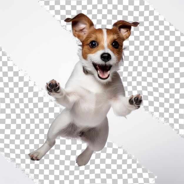 PSD portrait of cute playful puppy of jack russell terrier in motion jumping isolated over transparent studio background concept of motion beauty vet breed pets animal life copy space for ad