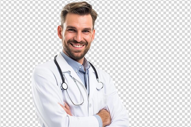 PSD portrait of a doctor in lab coat with stethoscope on white isolated background