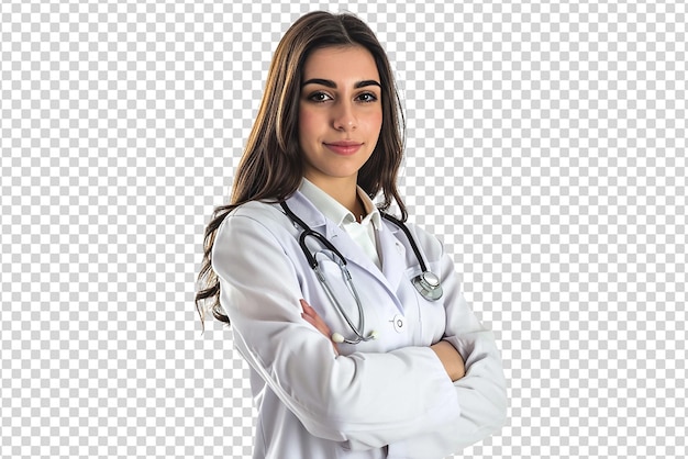 Ritratto di una donna dottore su uno sfondo bianco isolato